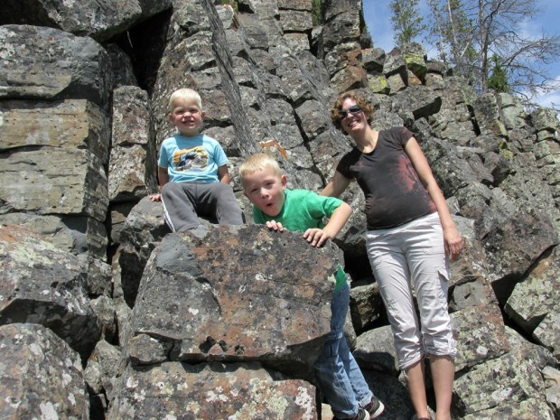 Made it to the top of the pile of rocks, although not up cliff.
